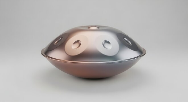 Shimmering metallic handpan musical instrument with expressive tone fields ready for soothing