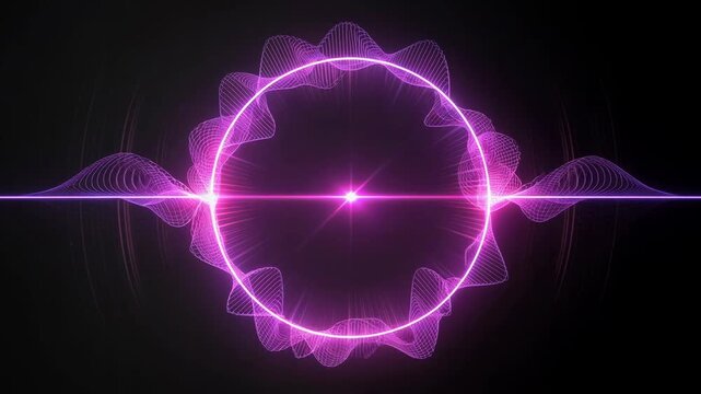Vibrant neon purple sound wave circle glowing with abstract light effects on black background