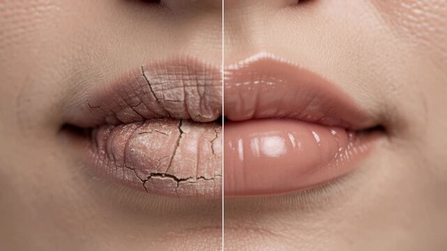 Close up of lips showing dry cracked skin and smooth hydrated lips side by side comparison for skincare