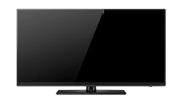 Modern widescreen television, slim black bezel with reflective glass display, electronic home media device, isolated PNG on transparent background