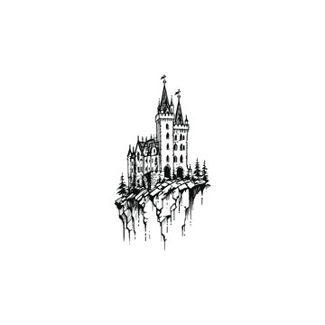 Hand drawn sketch of a majestic fantasy castle floating on a rocky island isolated on white background.