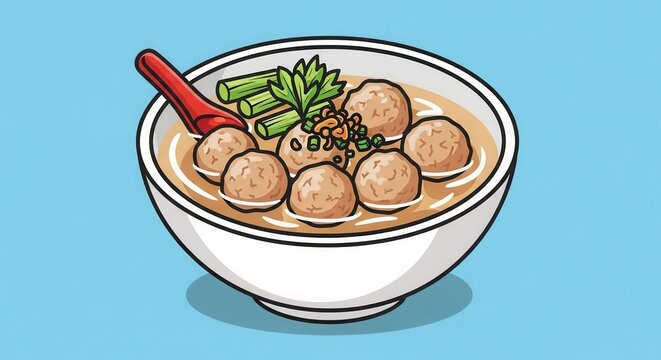 Appetizing hand-drawn meatball soup in a white bowl with a red spoon and fresh green garnishes on