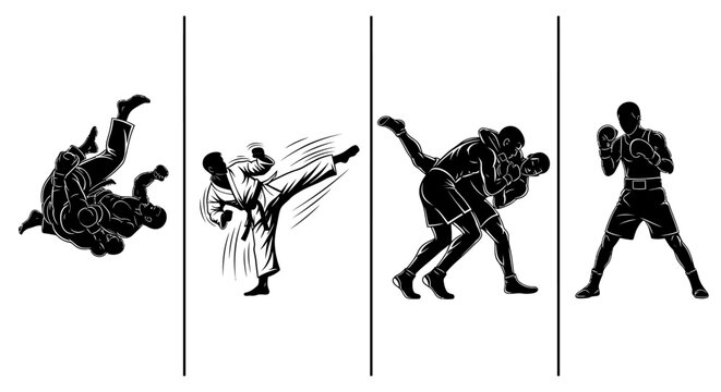 Martial arts and combat sports techniques in four stages vector illustration