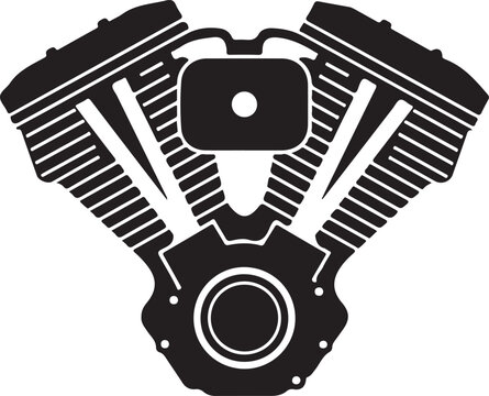 A detailed V-twin engine motor block, a symbol of power and performance for motorcycles, hot rods, or industrial machinery.