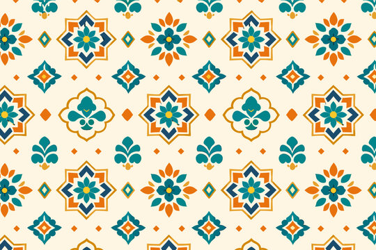 Arabic Style Simple Motif Seamless Pattern Background with Teal and Orange Geometric Islamic Stars and Floral Elements, Flat Vector Illustration for Textile Print, Wallpaper, and Home Decor