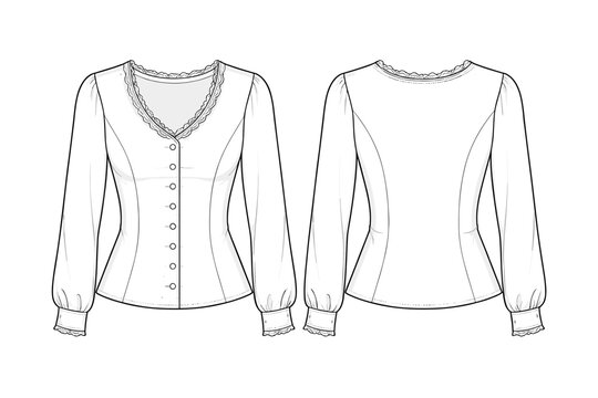 Women's Lace Trim Button Front Top Technical Fashion Illustration, Long Sleeve Fitted Blouse with V-Neckline and Cuffs, Front and Back View CAD Sketch for Apparel Design and Product Development.