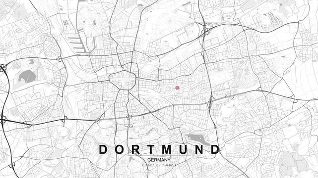 Urban layout of Dortmund, Germany, displaying circular road patterns, dense streets and a red location marker positioned within the inner city zone.