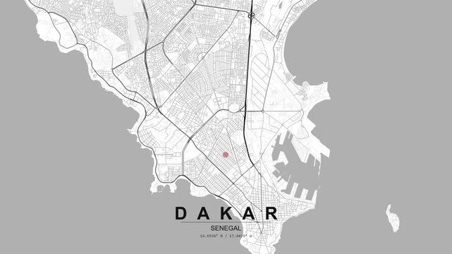 Map of Dakar, Senegal, showing peninsula coastline, urban streets and a red location pin placed within the central part of the city.