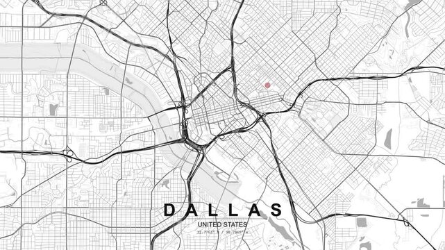 Street grid map of Dallas, United States, with wide road layout, highway intersections and a red location pin marking a point within the city.