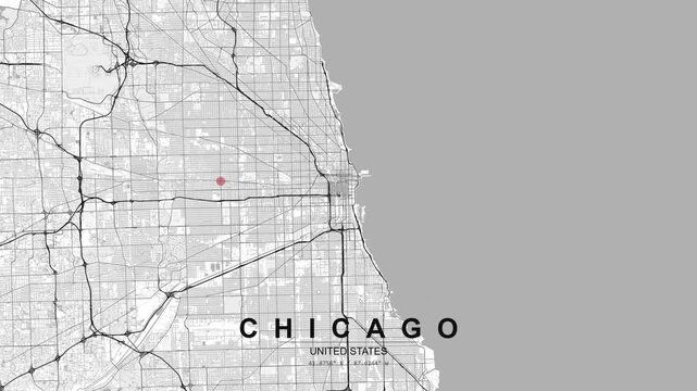 City map of Chicago, United States, showing rigid street grid, lakeside boundary and a red location pin marking a point within the urban layout.