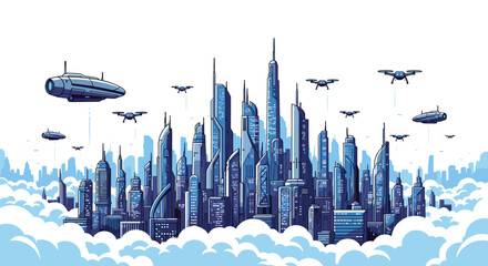 Fototapeta premium A majestic futuristic skyline of towering blue skyscrapers rising above a dense layer of white clouds with various flying vehicles and drones patrolling.