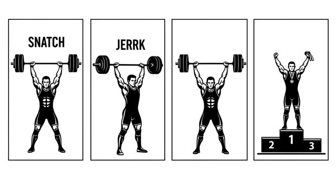 Weightlifter performing snatch jerk exercises in four stages on podium