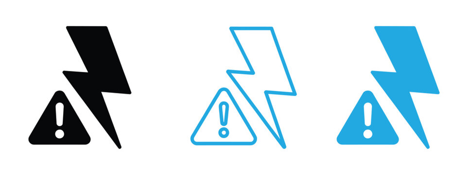 High voltage electric hazard and industrial danger warning icon set. Electrical shock risk and power plant safety alert symbol. Vector Illustration.