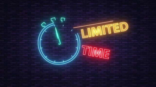 Limited time offer neon sign animation featuring glowing stopwatch and vibrant colors on dark brick wall background.