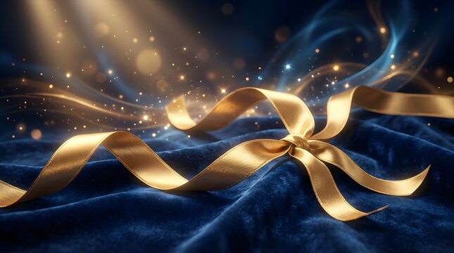 Elegant Golden Ribbon Curled on Luxurious Blue Velvet Background