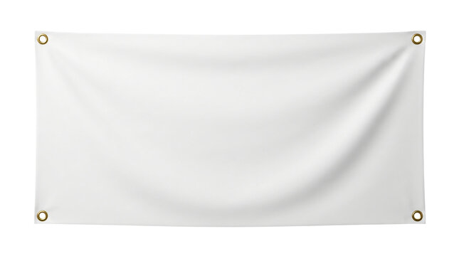 Blank white fabric banner with gold grommets isolated on transparent background