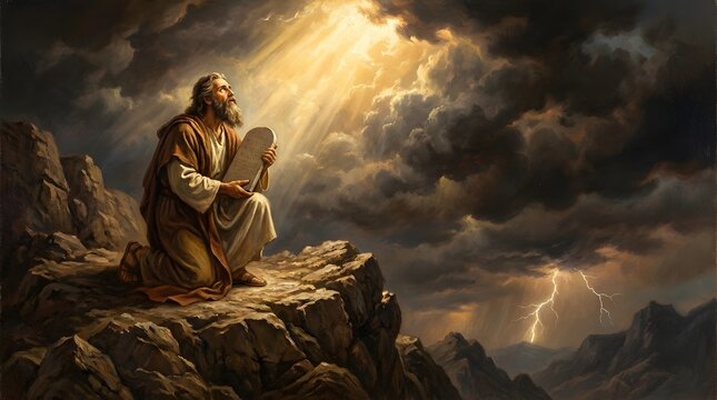 Majestic Prophet Moses Receiving Stone Tablets with Ten Commandments on Sinai Mountain Top Under Stormy Sky and Divine Light Glow, Old Testament Biblical Scene of Faith and Spiritual Revelation