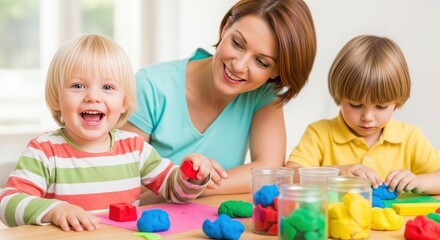 Naklejka premium Mother and children enjoying creative playtime with colorful playdough.