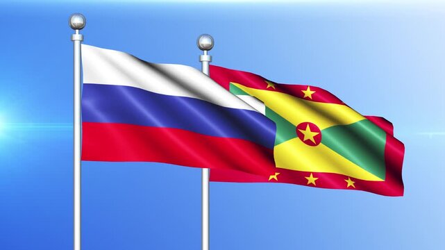 Russia and Grenada National Flag Waving on Pole Loop