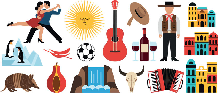 Argentina culture icons set with tango dance guitar mate wine gaucho landmarks animals and traditional symbols vector illustration