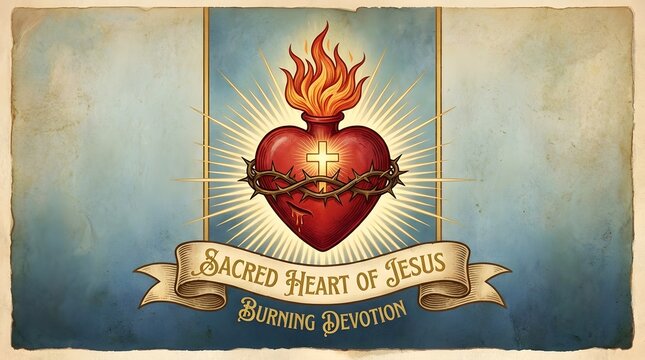 Sacred heart emblem representing divine love and burning devotion of Jesus Christ, artistic religious illustration for Christian worship, spiritual faith, and Catholic divinity symbolism.