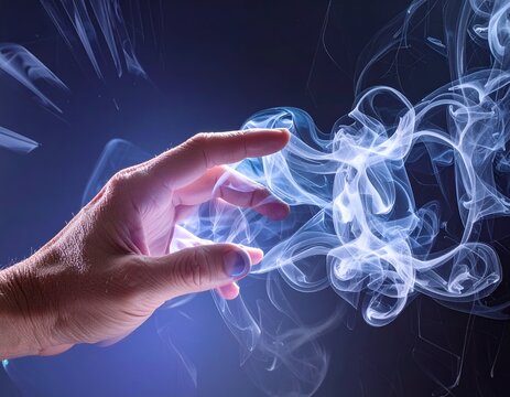 A close up of a human hand reaching out to touch glowing blue and white mystical energy smoke tendrils in the dark