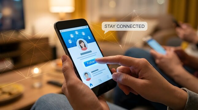 Digital user interface featuring a person's finger pressing the follow button on a glowing smartphone display to stay connected and boost social media community interaction and engagement.