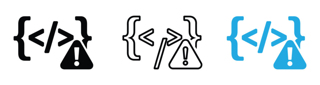 Code error icon. variations of code bracket symbols with a slash in the center displayed as black line. Coding error icon set with warning signs and beakers Vector illustration
