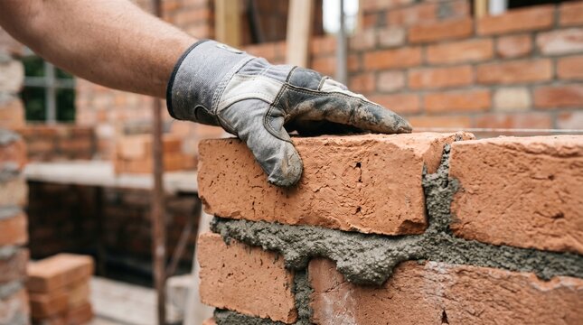 Close-up of a bricklayer's hand laying red clay bricks with mortar