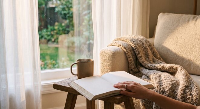Close up of a hand on an open book next to a steaming coffee mug by a sunlit window with a soft knit blanket on a sofa