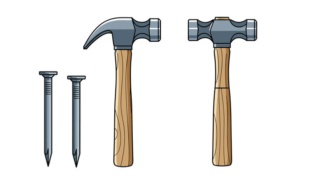 Selection of carpentry tools featuring a claw hammer, a ball-peen hammer, and two steel nails for construction and DIY projects.