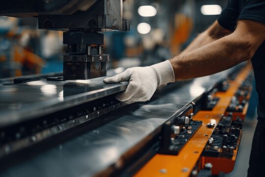 Industrial metal stamping machine operator working on production line
