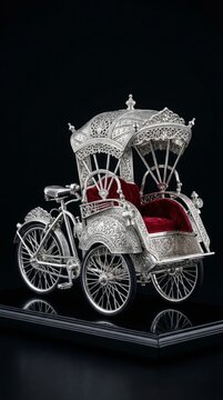 Intricately crafted silver miniature of a traditional Indonesian becak (pedicab). This detailed handcrafted metal sculpture highlights the artistic skill of Indonesian artisans, captured with dramatic
