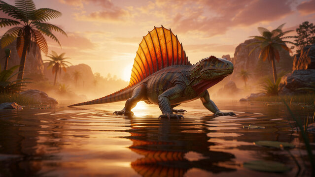 A majestic ancient reptile, resembling a Dimetrodon, proudly displays its striking, large, fan-like dorsal sail, standing powerfully in shallow water, showcasing intricate textured scales and an