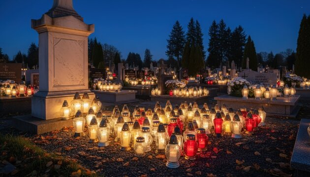 Candlelit memorial at a serene cemetery during twilight hours