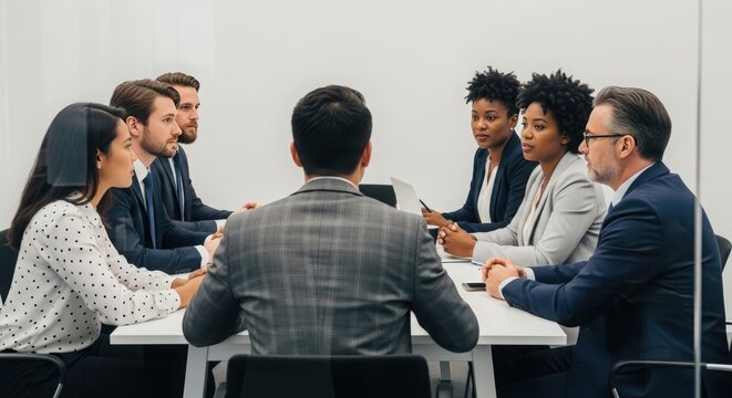 Professionals engaged in a collaborative business meeting around a table.