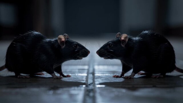 Two black rats facing each other on a tiled floor in a dark indoor setting close up