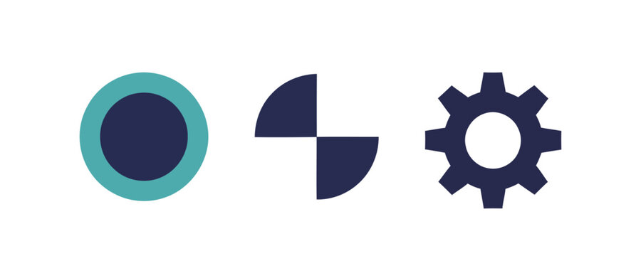 Three distinct minimalist icons a simple circle with an inner ring, a quarter circle divided into four segments, and a gear cog, presented in complementary dark blue and teal colors