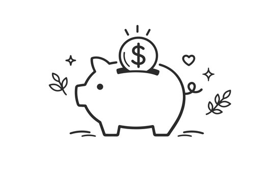 Minimalist piggy bank line art illustration with a dollar coin being inserted, featuring decorative leaves, stars, and a heart. Clean vector design for finance, savings, and budget concepts.
