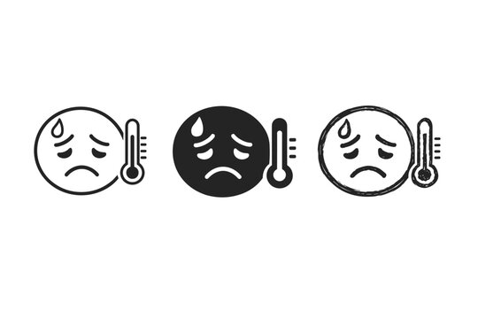 Sad face with thermometer icon set, emoji with fever, sick or illness symbol in outline, solid, and hand-drawn styles, perfect for medical, health, flu, and virus-related graphic design projects.
