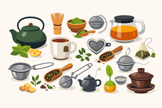 Comprehensive set of tea brewing accessories and tools featuring teapots, mesh strainers, matcha whisk, tea bags, ginger, lemon, and mint leaves. Simple flat vector illustration for design.