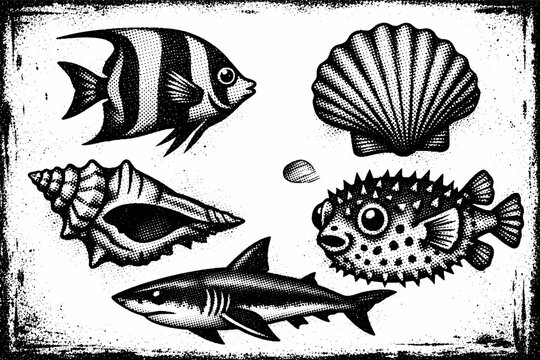 Retro Ocean Life Illustrations with Photocopy Halftone Effect for Creative Collages; Set of Vintage Sea Fish, Shark, Pufferfish, Angelfish and Seashells with Distressed Grunge Texture