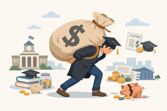Student Loan Debt Concept Featuring a Graduated Student Carrying a Heavy Money Bag on His Back, Representing the Financial Burden of University Tuition Fees, Education Costs, and Economic Stress.