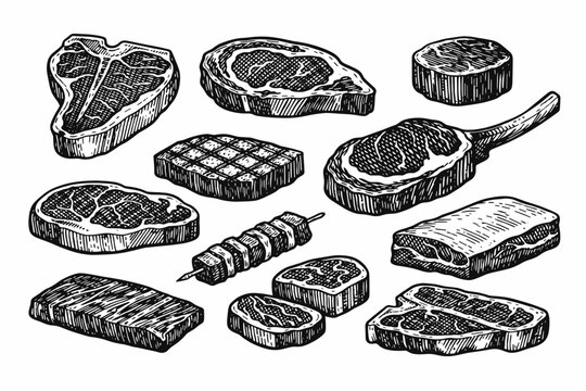 Vintage Hand-Drawn Beef Steak Cuts Illustration Set Featuring T-Bone, Ribeye, Tomahawk, Sirloin, and Fillet Mignon in Classic Black and White Engraving Style for Butcher Shop and Menu Design