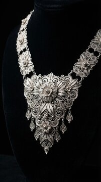Luxury Indonesian silver filigree jewelry inspired by traditional craftsmanship from Kotagede, Yogyakarta. The intricate handmade silverwork features delicate floral patterns and fine detailing, captu