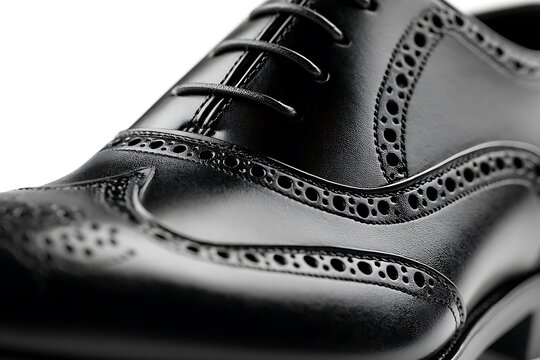 Elegant Black Leather Brogue Shoe Detail.