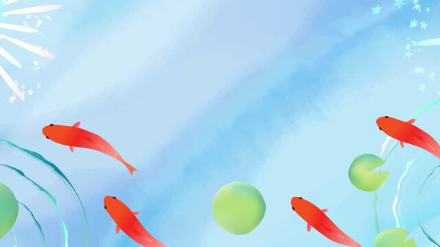 Watercolor Goldfish Swimming in a Cool Summer Pond Background