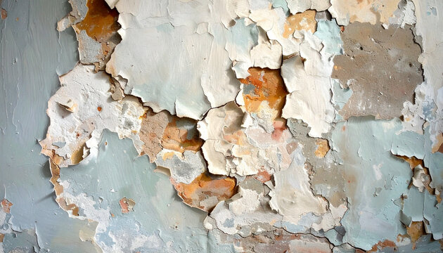 Close up of flaking paint on a weathered wall surface showing texture