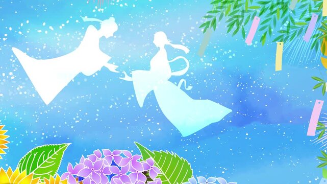 Japanese Tanabata Star Festival Illustration with Orihime and Hikoboshi