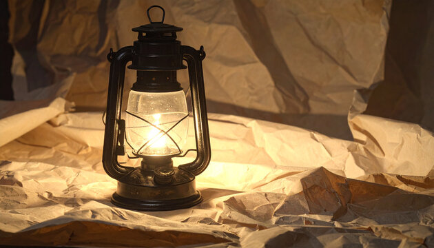 Vintage lantern illuminated on textured paper with warm lighting